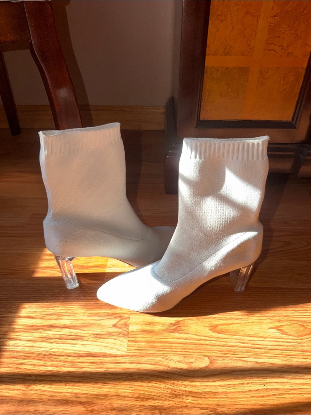 Amazon White Sock Booties with Clear Heel